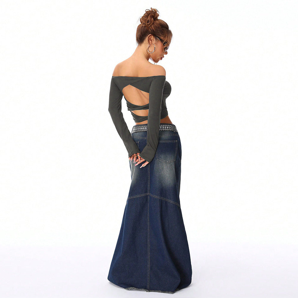 Szürke váll nélküli crop top – nőies és vagány megjelenés