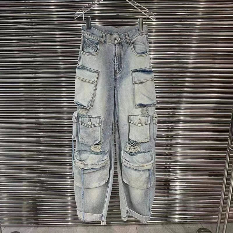 Vintage Stílusú, Többzsebes Cargo Jeans Nadrág – Kényelmes és Trendi