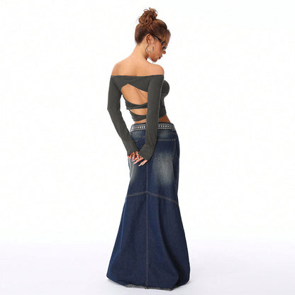 Szürke váll nélküli crop top – nőies és vagány megjelenés