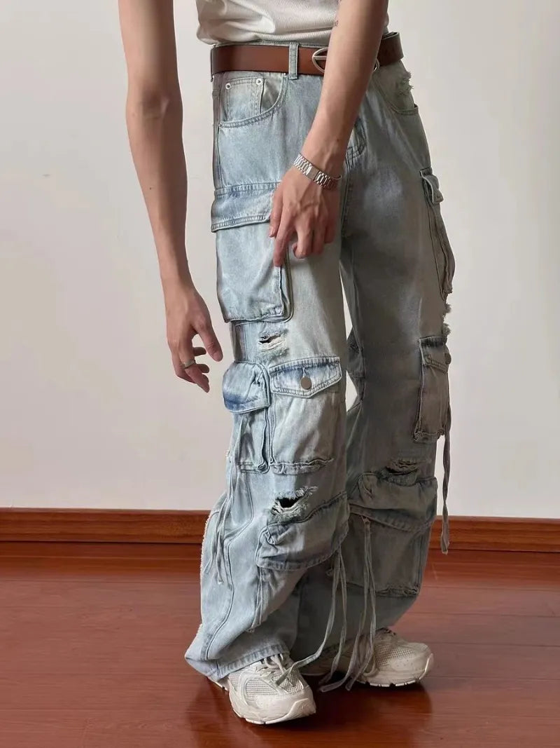 Vintage Stílusú, Többzsebes Cargo Jeans Nadrág – Kényelmes és Trendi