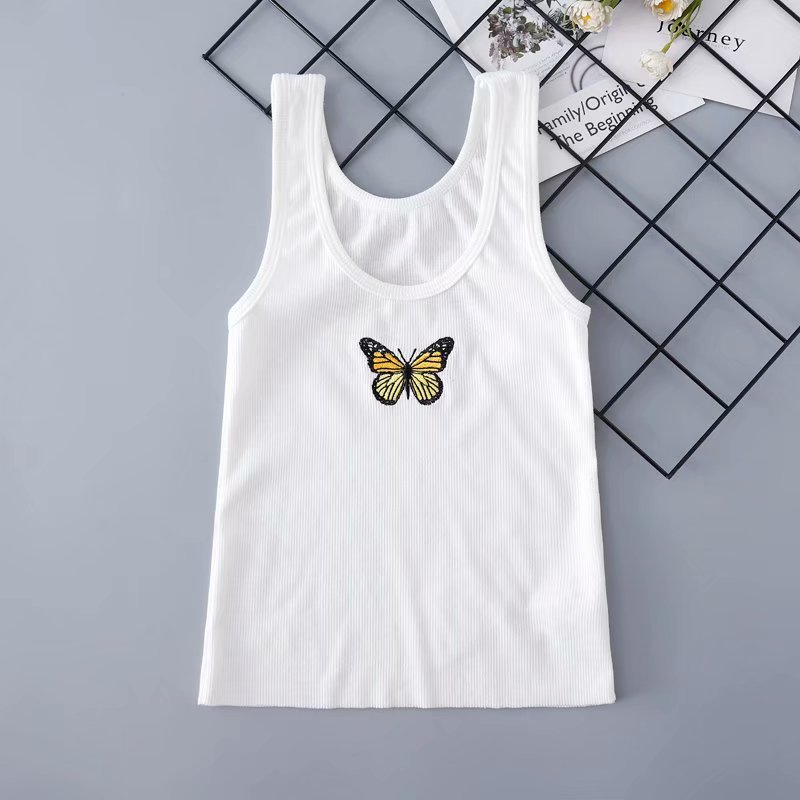 Kawaii Pillangó Hímzett Crop Top – Nyári, Ujjatlan, Légáteresztő Tank Top