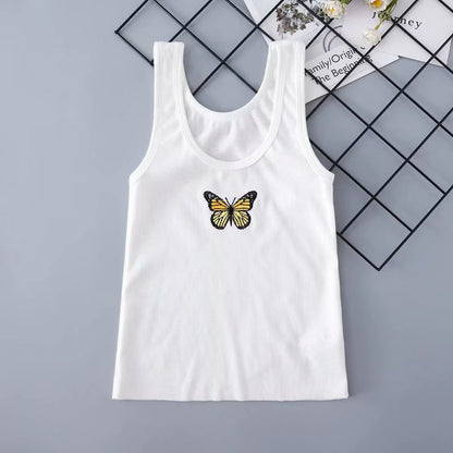 Kawaii Pillangó Hímzett Crop Top – Nyári, Ujjatlan, Légáteresztő Tank Top