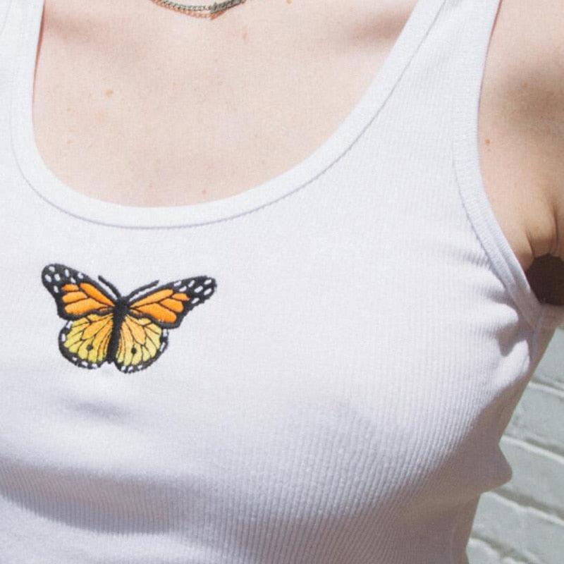 Kawaii Pillangó Hímzett Crop Top – Nyári, Ujjatlan, Légáteresztő Tank Top